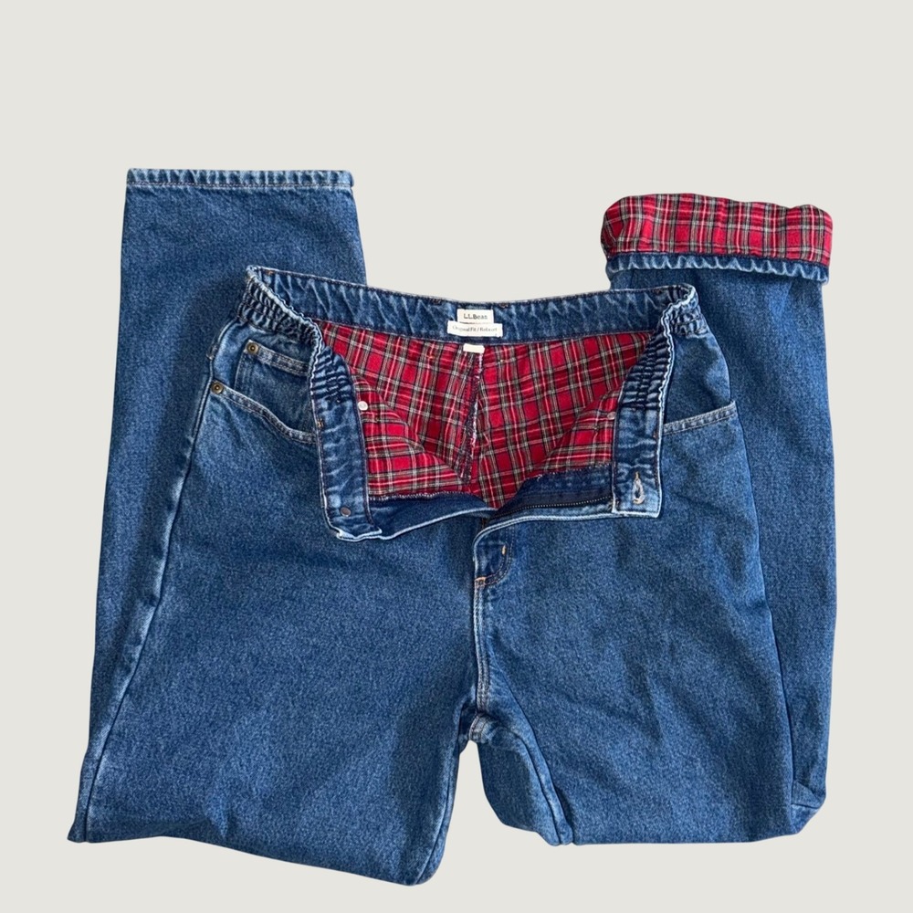 LL Bean Womens Flannel Lined Jeans 12 MT Blue Denim Plaid Relaxed Original Fit